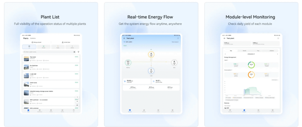 Visuels de l'application Fusion Solar App pour le monitoring des panneaux solaires